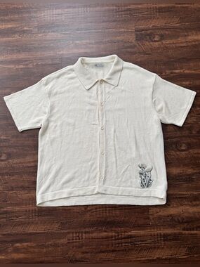 Zara Short Sleeve Knit Polo Button Up w/ Flower Embroidery